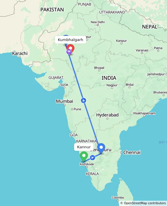 Route map showing distance and travel time from Kannur, India to Kumbhalgarh, India