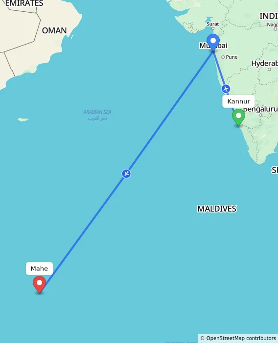 Route map showing distance and travel time from Kannur, India to Mahe, Seychelles
