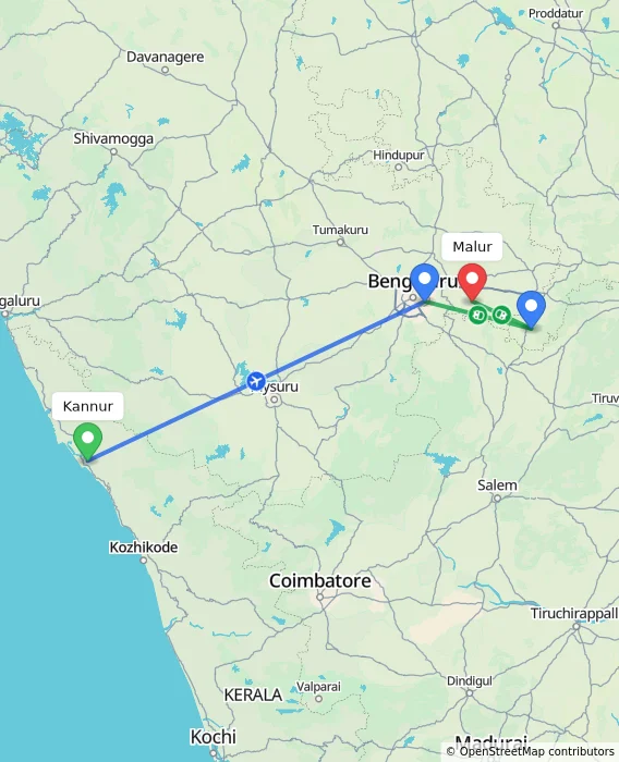 Route map showing distance and travel time from Kannur, India to Malur, India