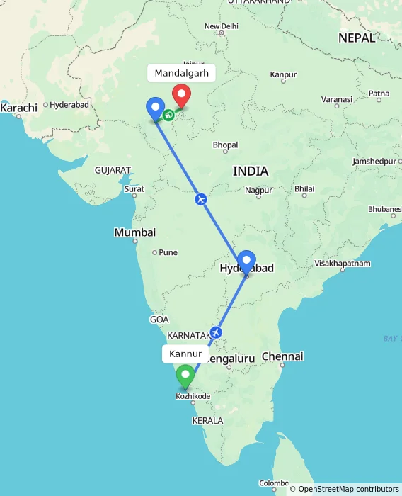Route map showing distance and travel time from Kannur, India to Mandalgarh, India