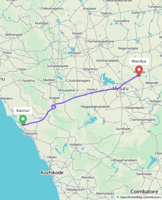 Route map showing distance and travel time from Kannur, India to Mandya, India