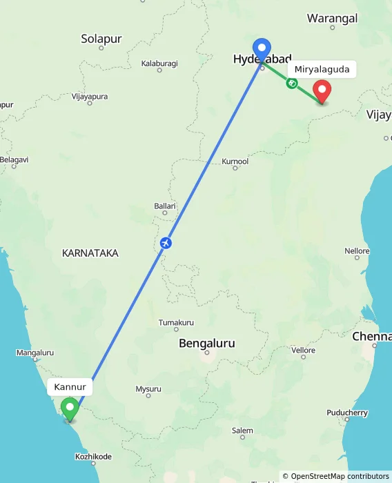 Route map showing distance and travel time from Kannur, India to Miryalaguda, India