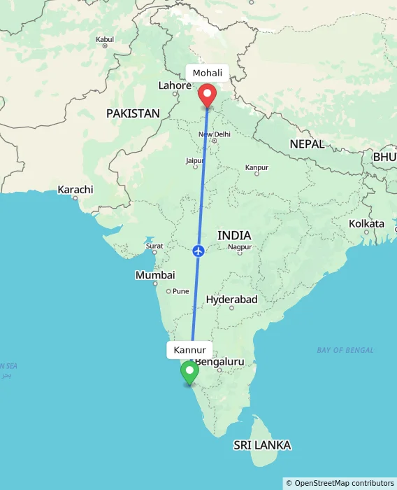 Route map showing distance and travel time from Kannur, India to Mohali, India