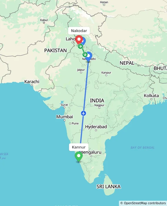 Route map showing distance and travel time from Kannur, India to Nakodar, India