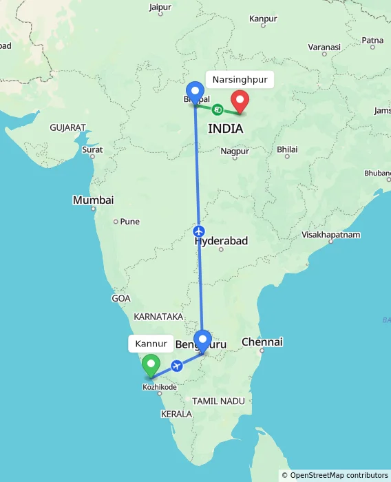 Route map showing distance and travel time from Kannur, India to Narsinghpur, India