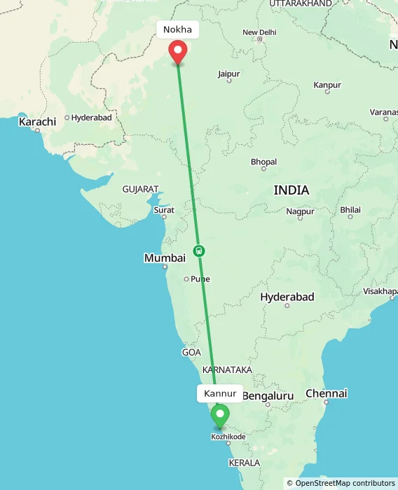 Route map showing distance and travel time from Kannur, India to Nokha, India