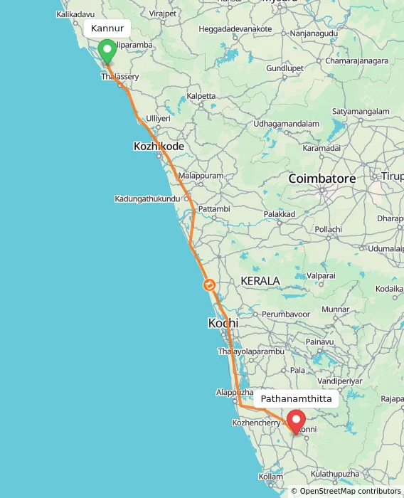 Route map showing distance and travel time from Kannur, India to Pathanamthitta, India