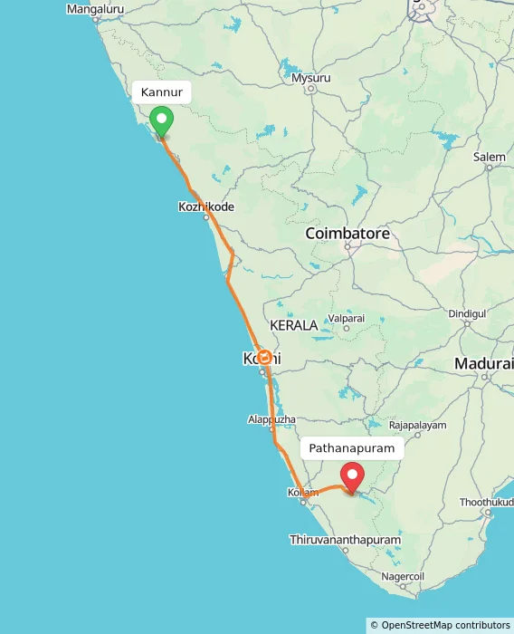 Route map showing distance and travel time from Kannur, India to Pathanapuram, India