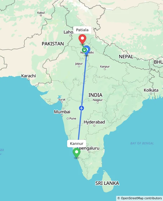 Route map showing distance and travel time from Kannur, India to Patiala, India