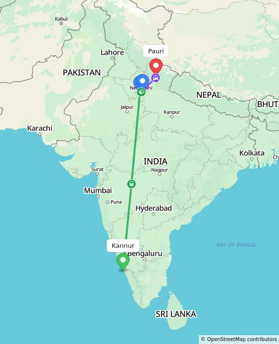 Route map showing distance and travel time from Kannur, India to Pauri, India