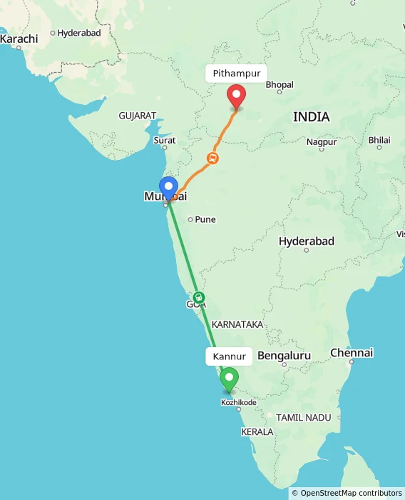 Route map showing distance and travel time from Kannur, India to Pithampur, India