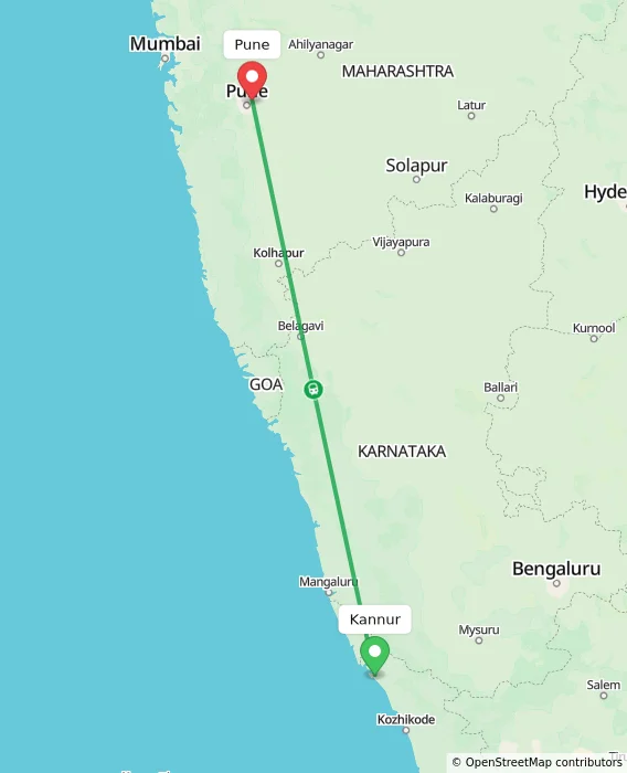 Route map showing distance and travel time from Kannur, India to Pune, India