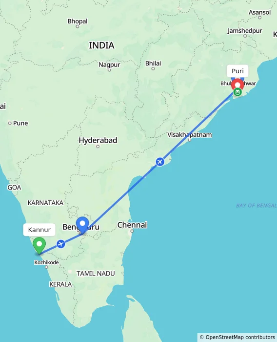 Route map showing distance and travel time from Kannur, India to Puri, India