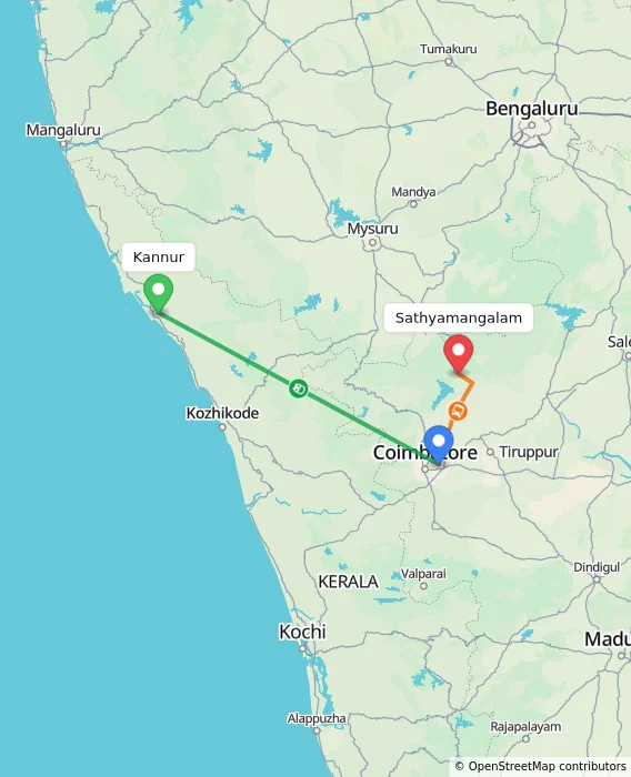 Route map showing distance and travel time from Kannur, India to Sathyamangalam, India