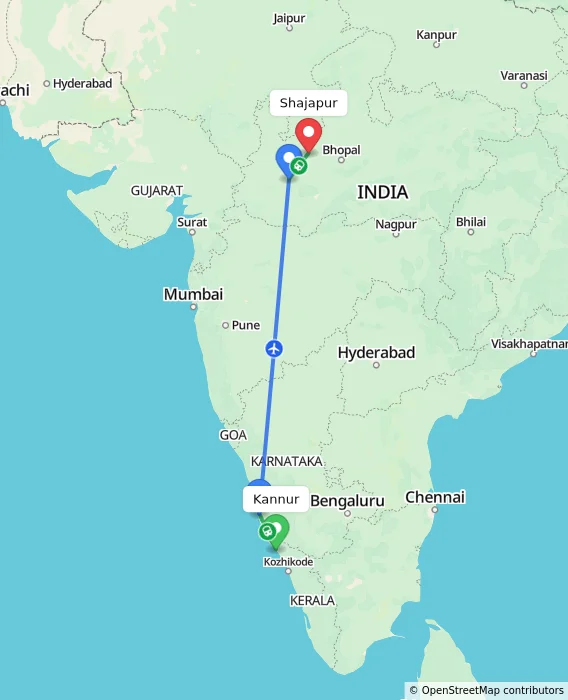 Route map showing distance and travel time from Kannur, India to Shajapur, India