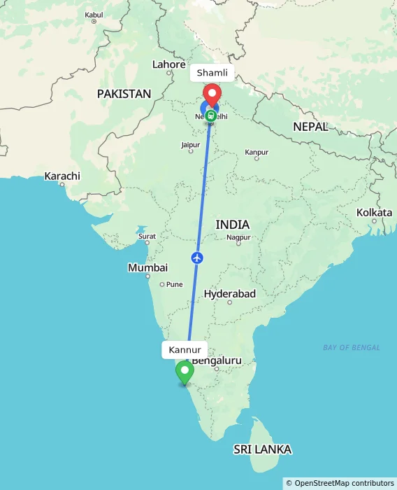 Route map showing distance and travel time from Kannur, India to Shamli, India