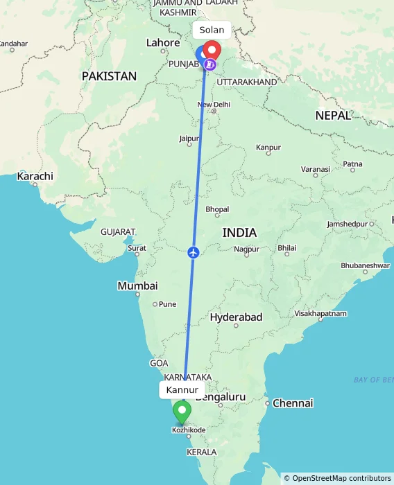 Route map showing distance and travel time from Kannur, India to Solan, India