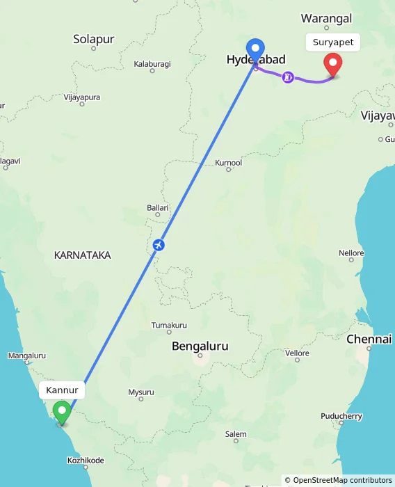Route map showing distance and travel time from Kannur, India to Suryapet, India