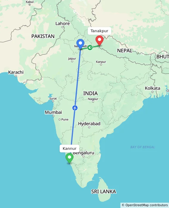 Route map showing distance and travel time from Kannur, India to Tanakpur, India