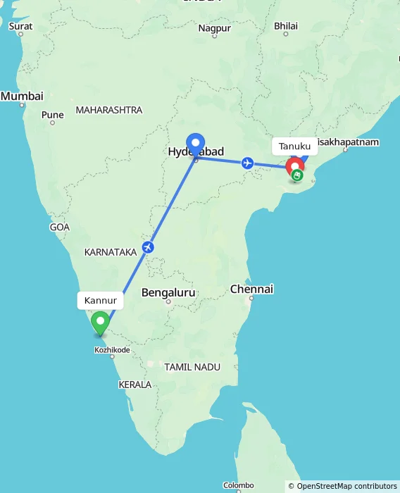 Route map showing distance and travel time from Kannur, India to Tanuku, India