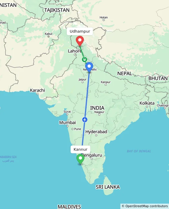 Route map showing distance and travel time from Kannur, India to Udhampur, India