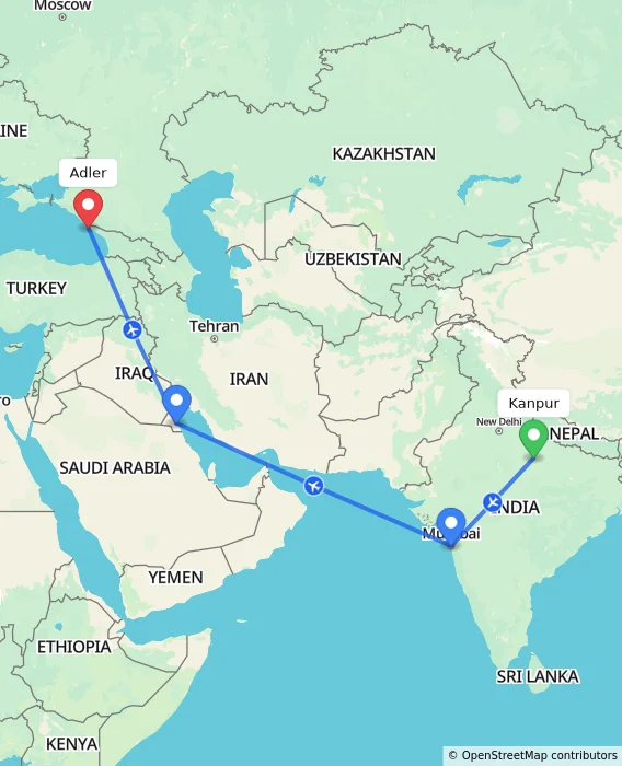 Route map showing distance and travel time from Kanpur, India to Adler, Russian Federation