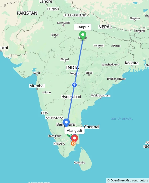 Route map showing distance and travel time from Kanpur, India to Alangudi, India