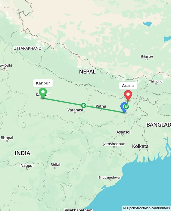 Route map showing distance and travel time from Kanpur, India to Araria, India