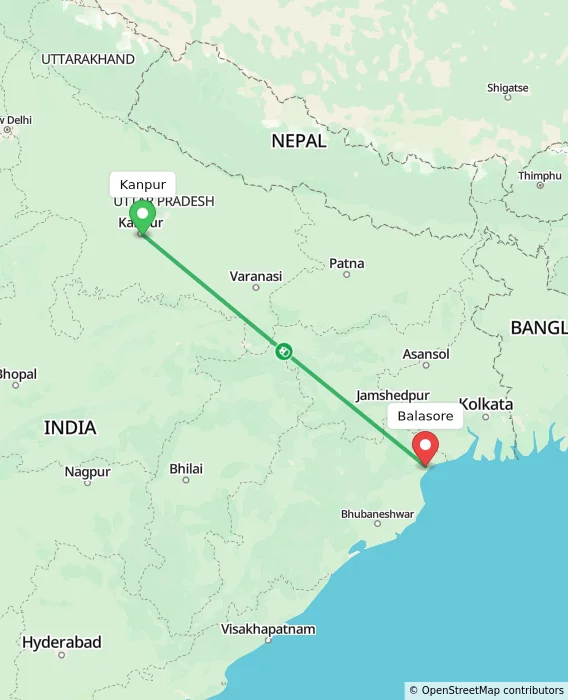 Route map showing distance and travel time from Kanpur, India to Balasore, India