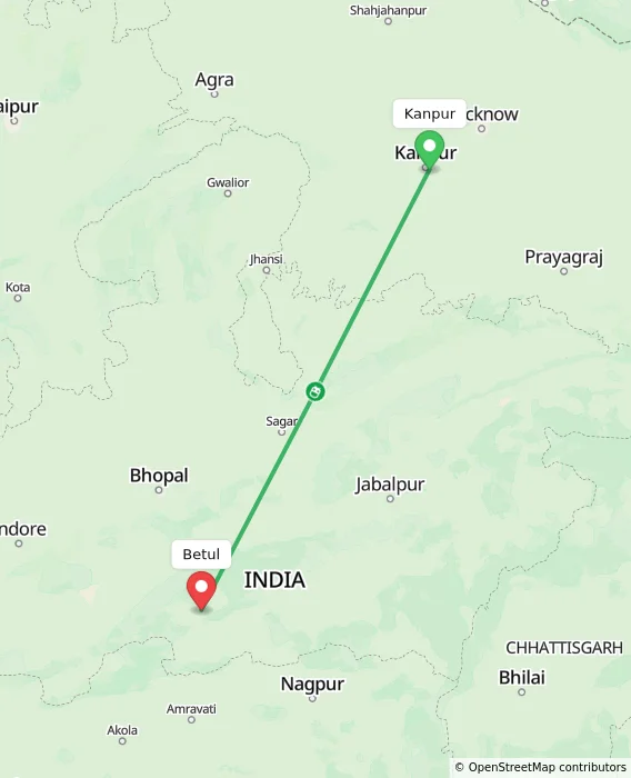 Route map showing distance and travel time from Kanpur, India to Betul, India