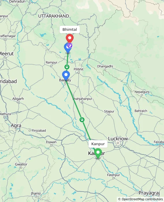 Route map showing distance and travel time from Kanpur, India to Bhimtal, India