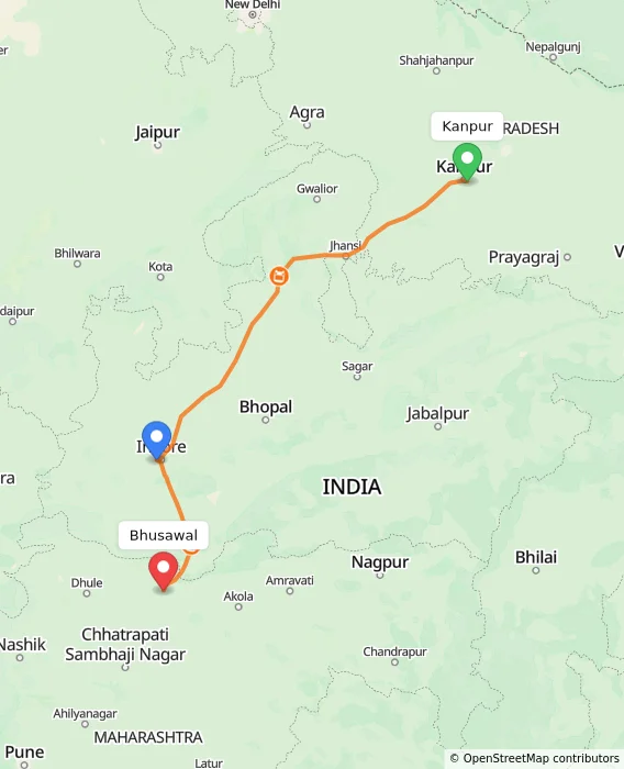 Route map showing distance and travel time from Kanpur, India to Bhusawal, India