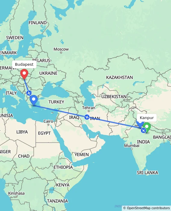 Route map showing distance and travel time from Kanpur, India to Budapest, Hungary
