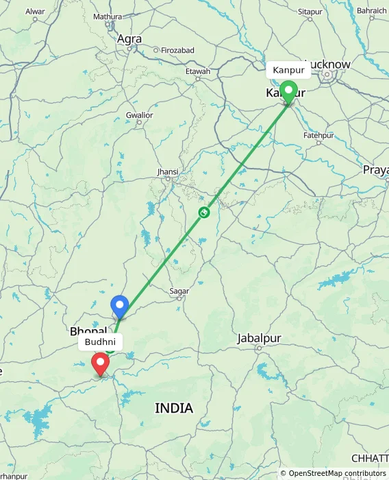 Route map showing distance and travel time from Kanpur, India to Budhni, India
