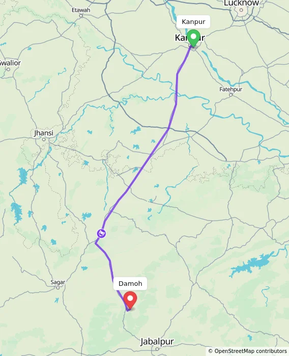 Route map showing distance and travel time from Kanpur, India to Damoh, India