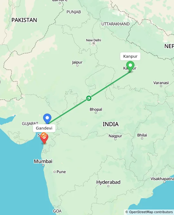 Route map showing distance and travel time from Kanpur, India to Gandevi, India