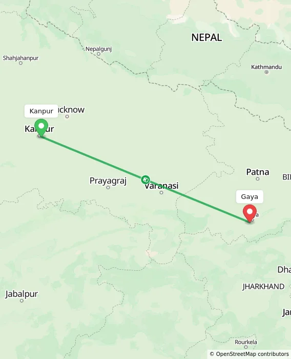 Route map showing distance and travel time from Kanpur, India to Gaya, India