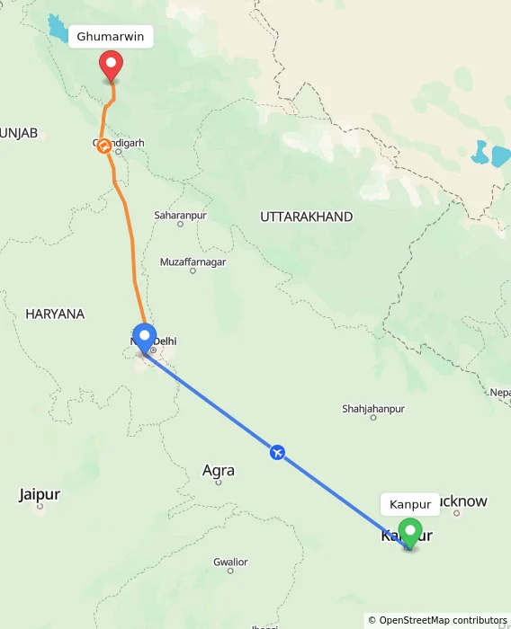 Route map showing distance and travel time from Kanpur, India to Ghumarwin, India