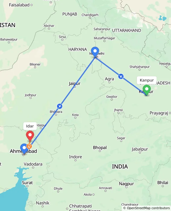 Route map showing distance and travel time from Kanpur, India to Idar, India