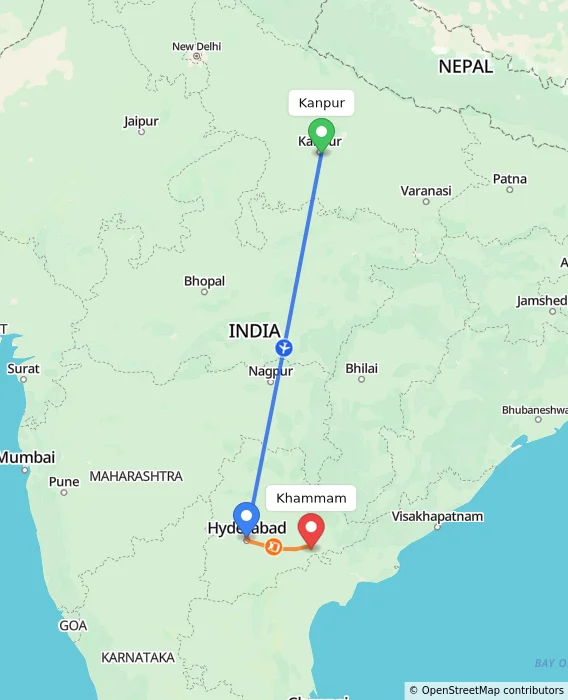 Route map showing distance and travel time from Kanpur, India to Khammam, India