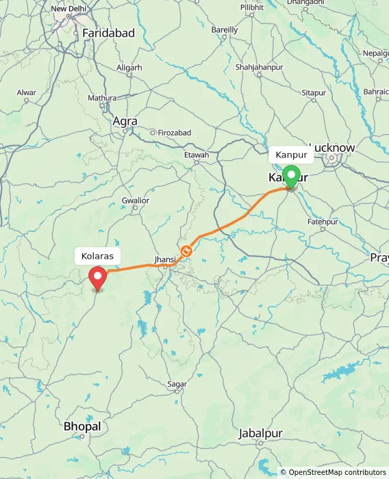 Route map showing distance and travel time from Kanpur, India to Kolaras, India