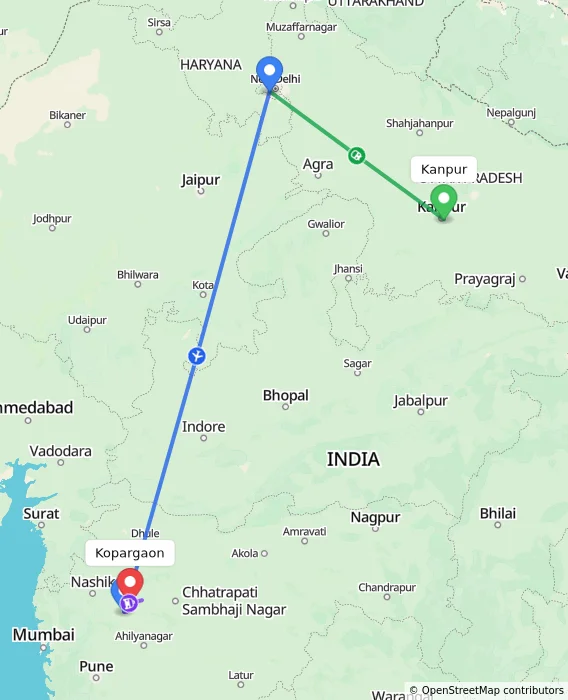 Route map showing distance and travel time from Kanpur, India to Kopargaon, India