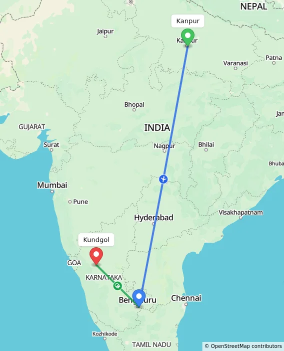 Route map showing distance and travel time from Kanpur, India to Kundgol, India