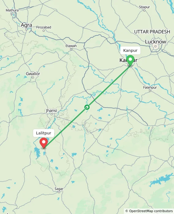 Route map showing distance and travel time from Kanpur, India to Lalitpur, India