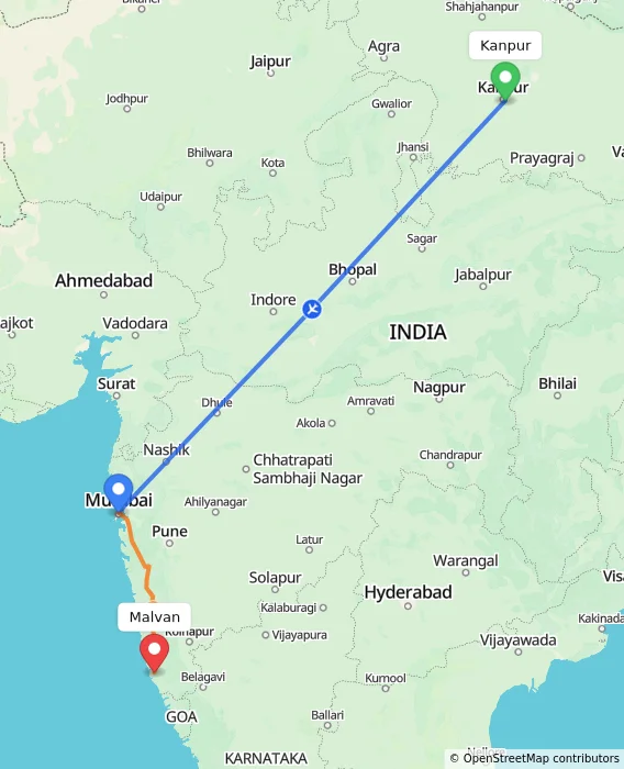 Route map showing distance and travel time from Kanpur, India to Malvan, India