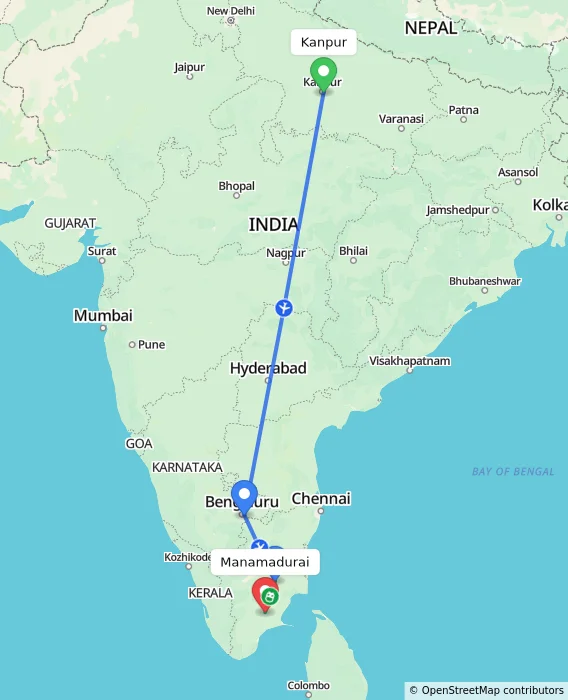 Route map showing distance and travel time from Kanpur, India to Manamadurai, India
