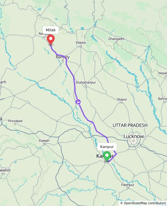 Route map showing distance and travel time from Kanpur, India to Milak, India