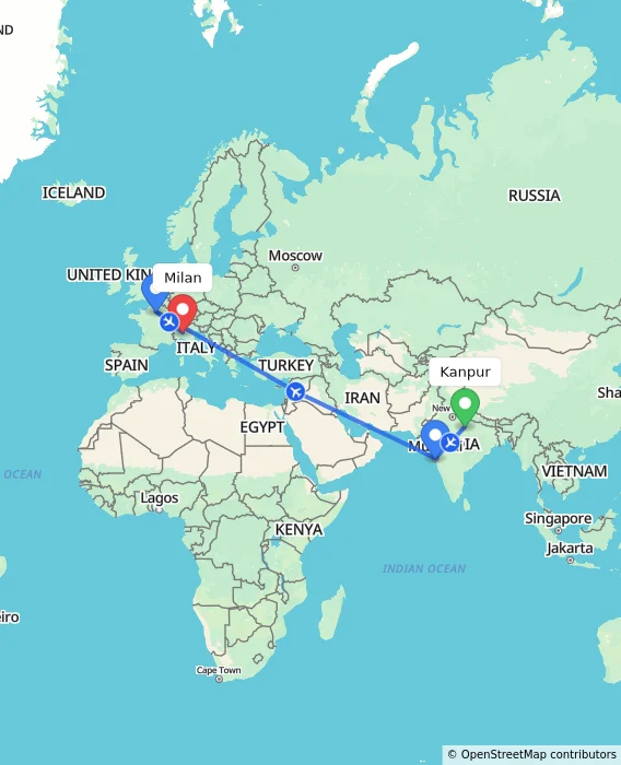 Route map showing distance and travel time from Kanpur, India to Milan, Italy