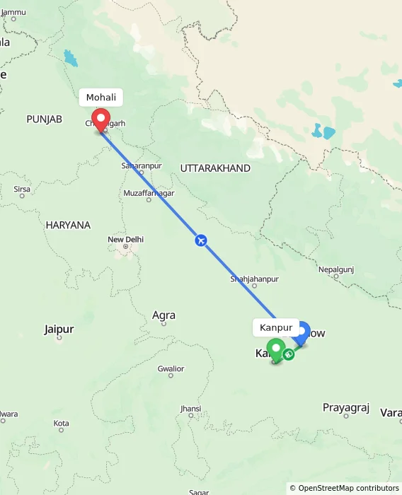 Route map showing distance and travel time from Kanpur, India to Mohali, India
