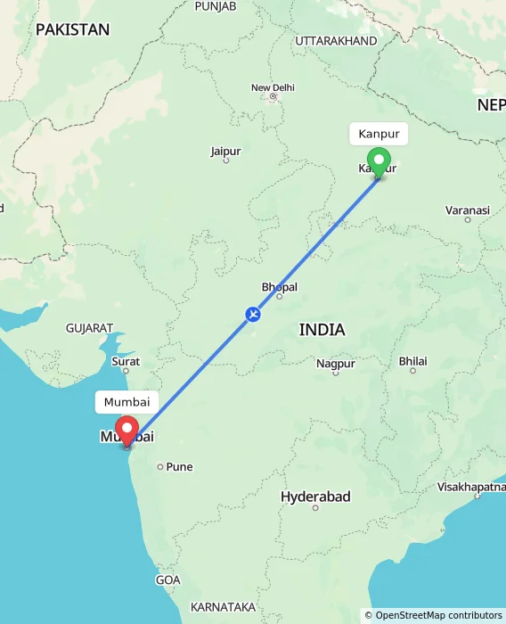 Route map showing distance and travel time from Kanpur, India to Mumbai, India